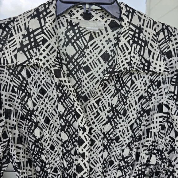 Worthington Pleated Tunic Shirt Sz 1X Plus Button Up Belted BlackWhite Women New - Picture 11 of 14
